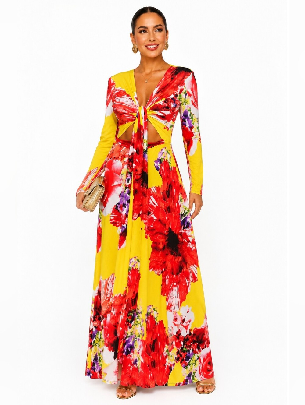 DUCCI Floral Tie Front Wrap Maxi Dress Long Sleeve Cutout Stretch Size M